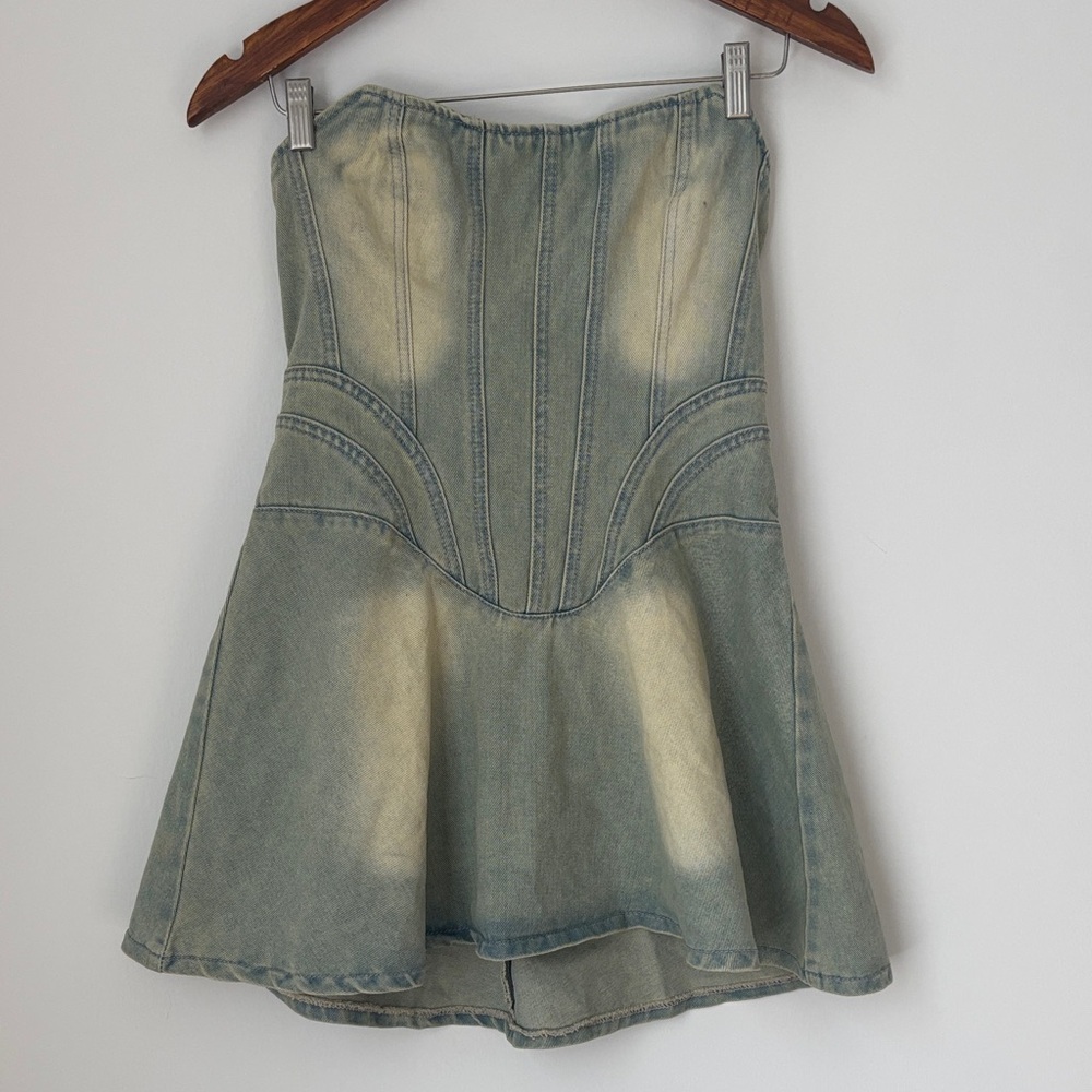 Pretty Little Thing Strapless Distressed Jean Mini Dress